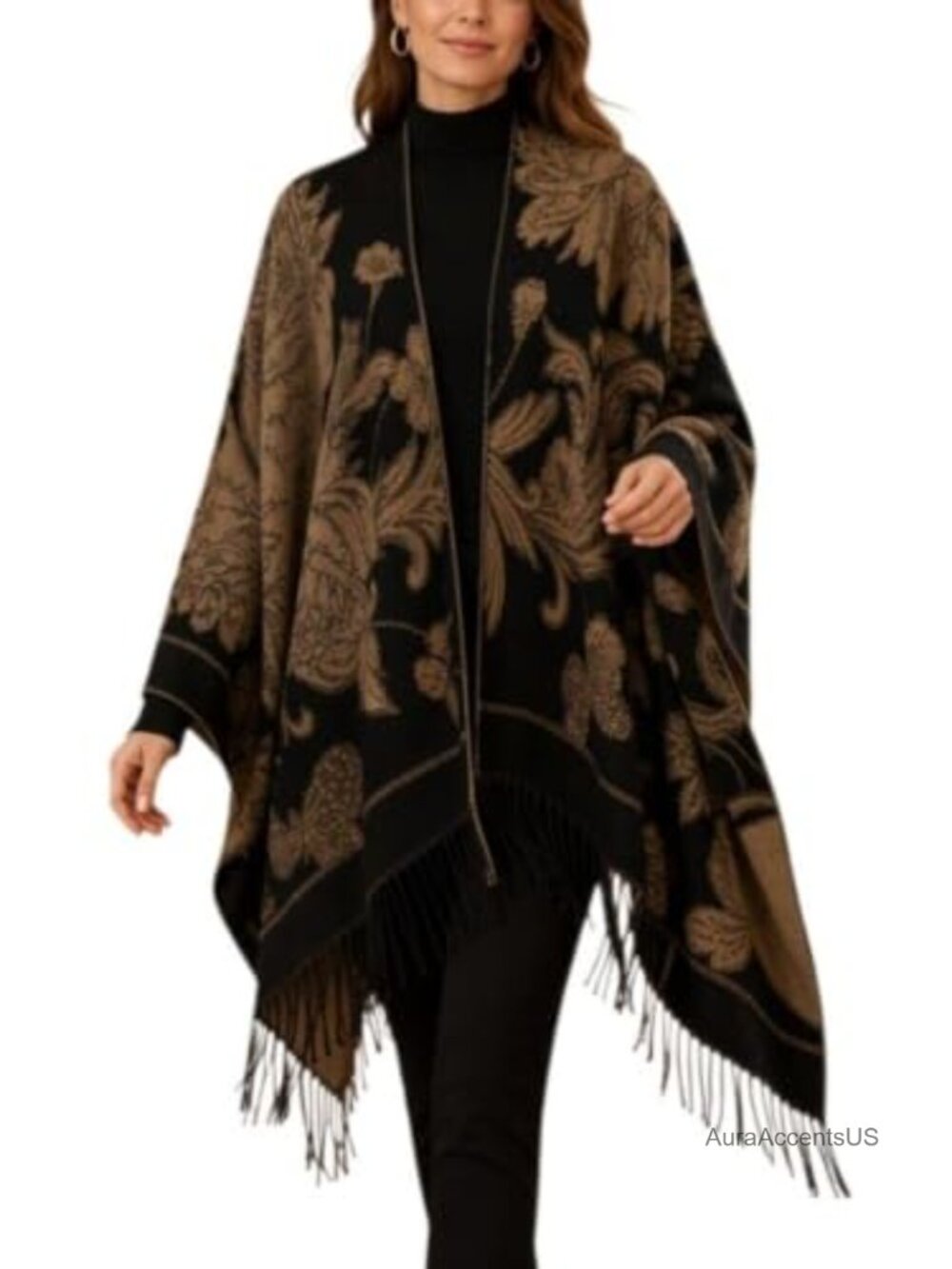Reversible Floral Jacquard Knit Shawl Wrap Fringe Poncho Cape Scarf One Size
